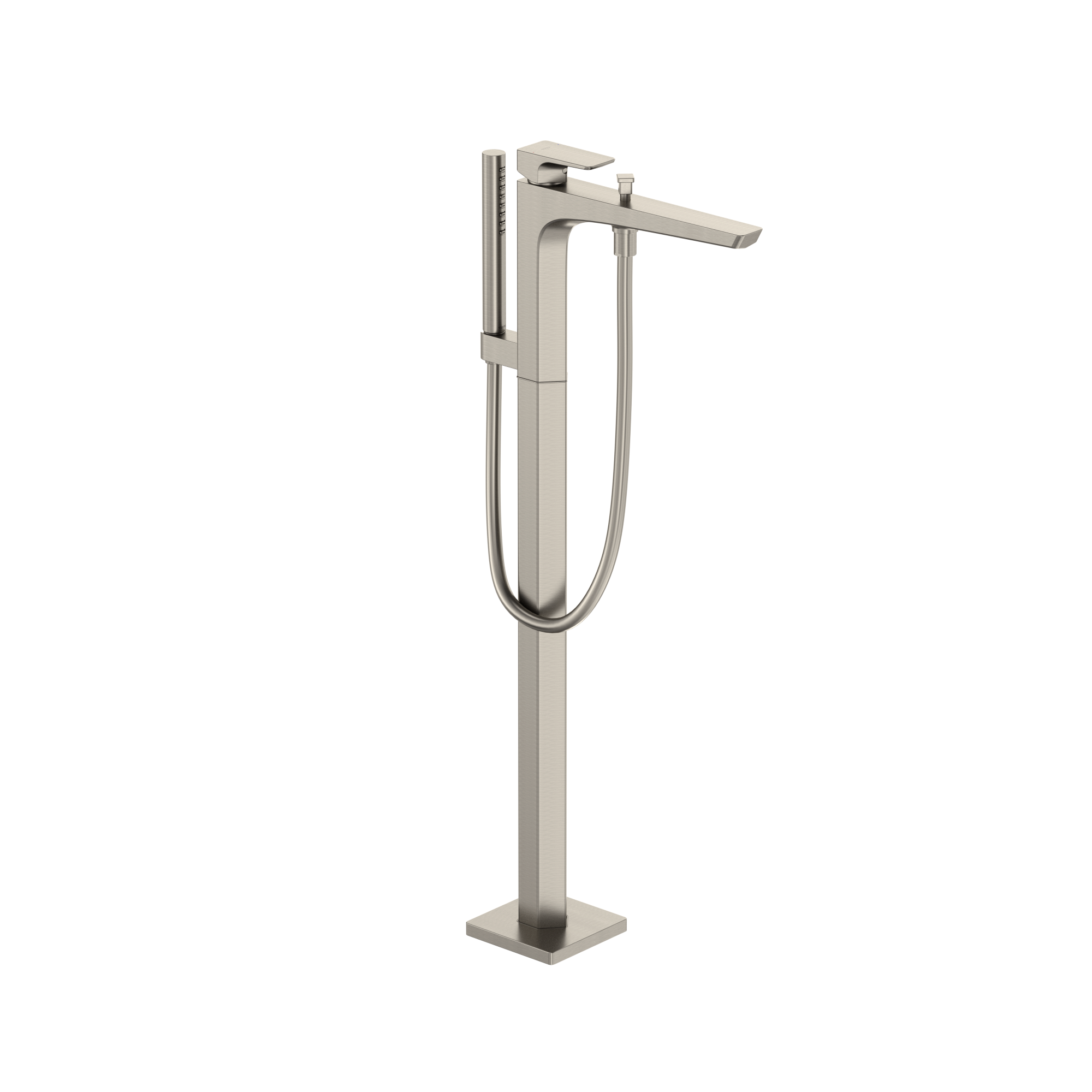 Brushed nickel freestanding tub filler with single handle, curved spout, and detachable handshower on hose.
