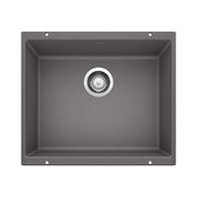 Cinder gray single bowl undermount sink with drain strainer viewed from above.