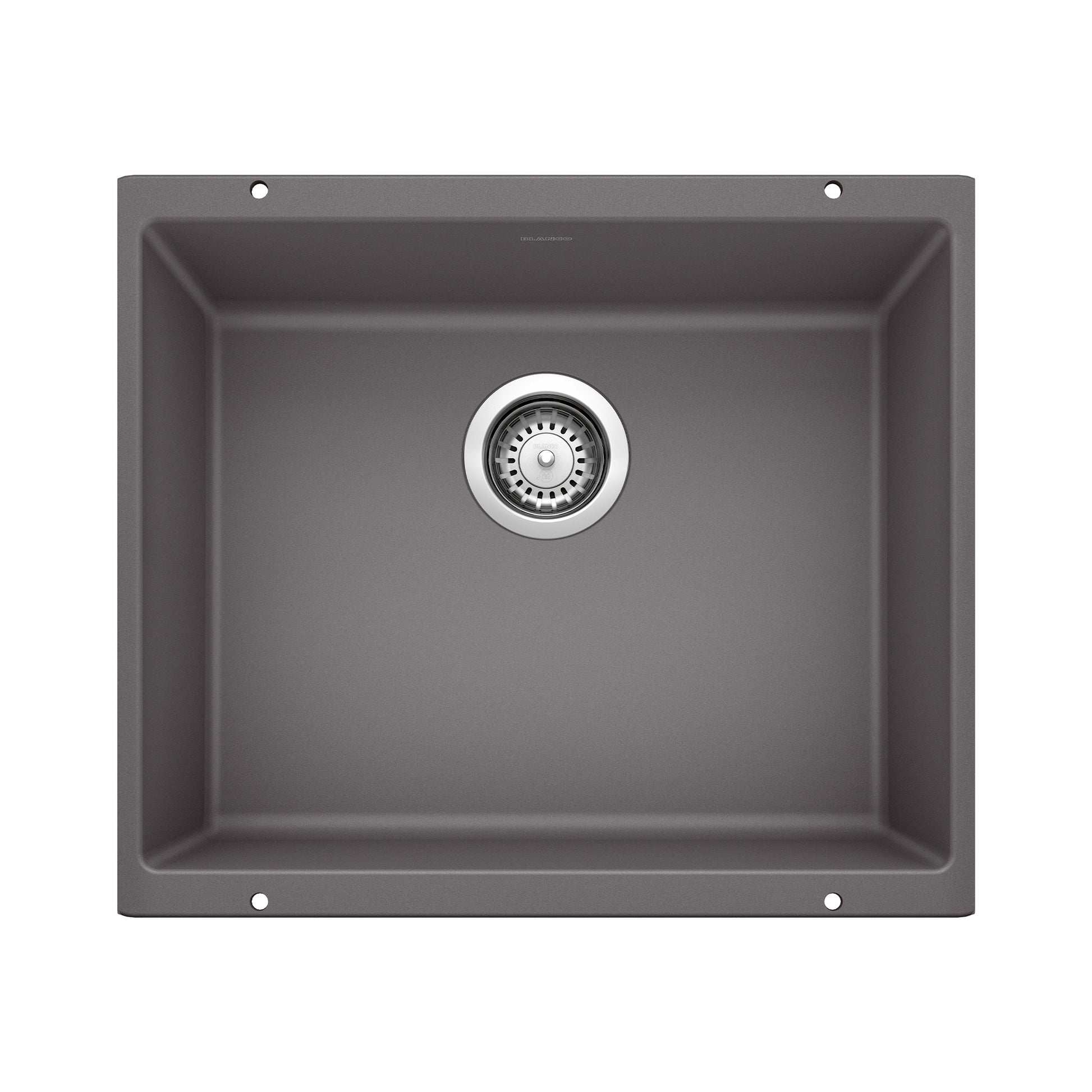 Cinder gray single bowl undermount sink with drain strainer viewed from above.