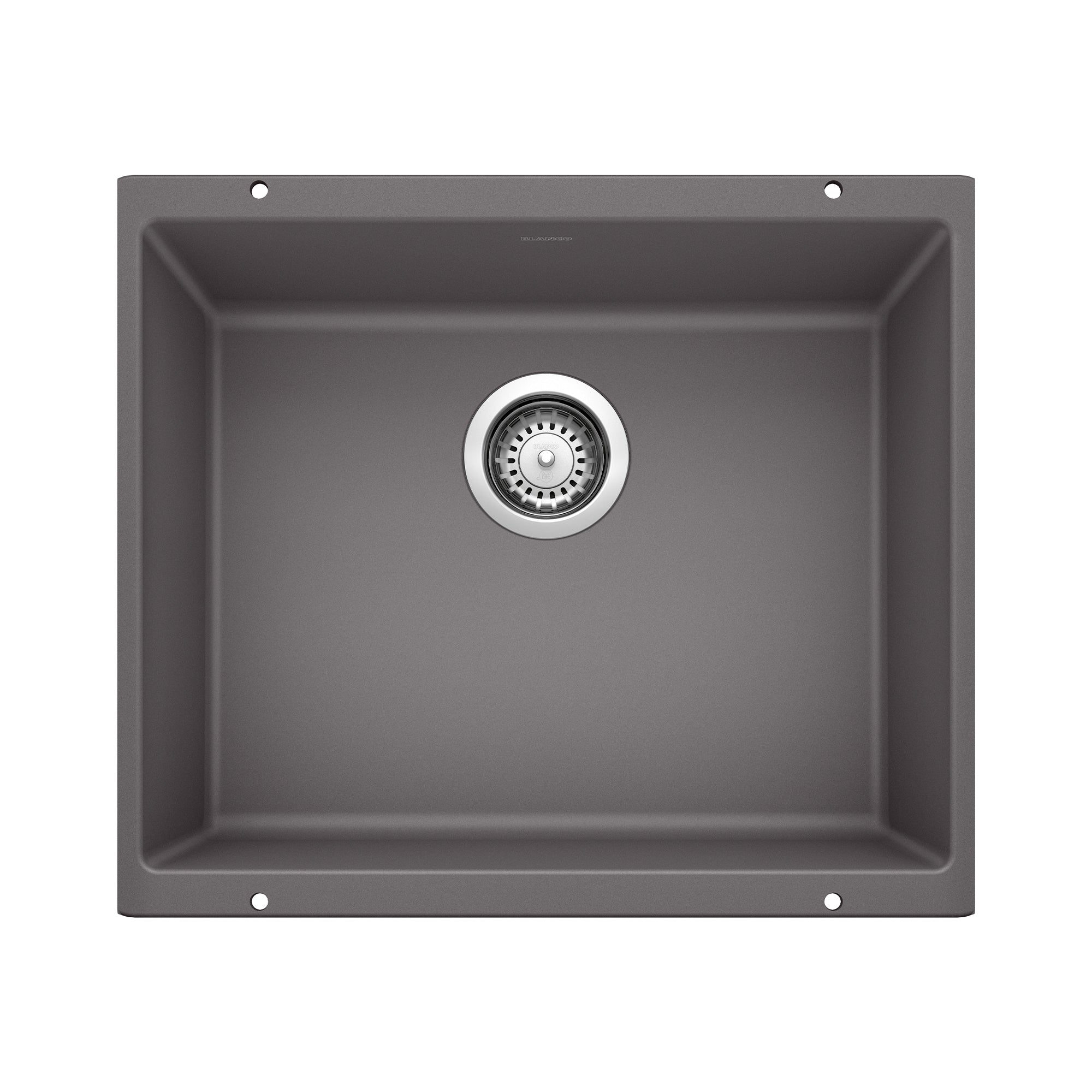 Cinder gray single bowl undermount sink with drain strainer viewed from above.