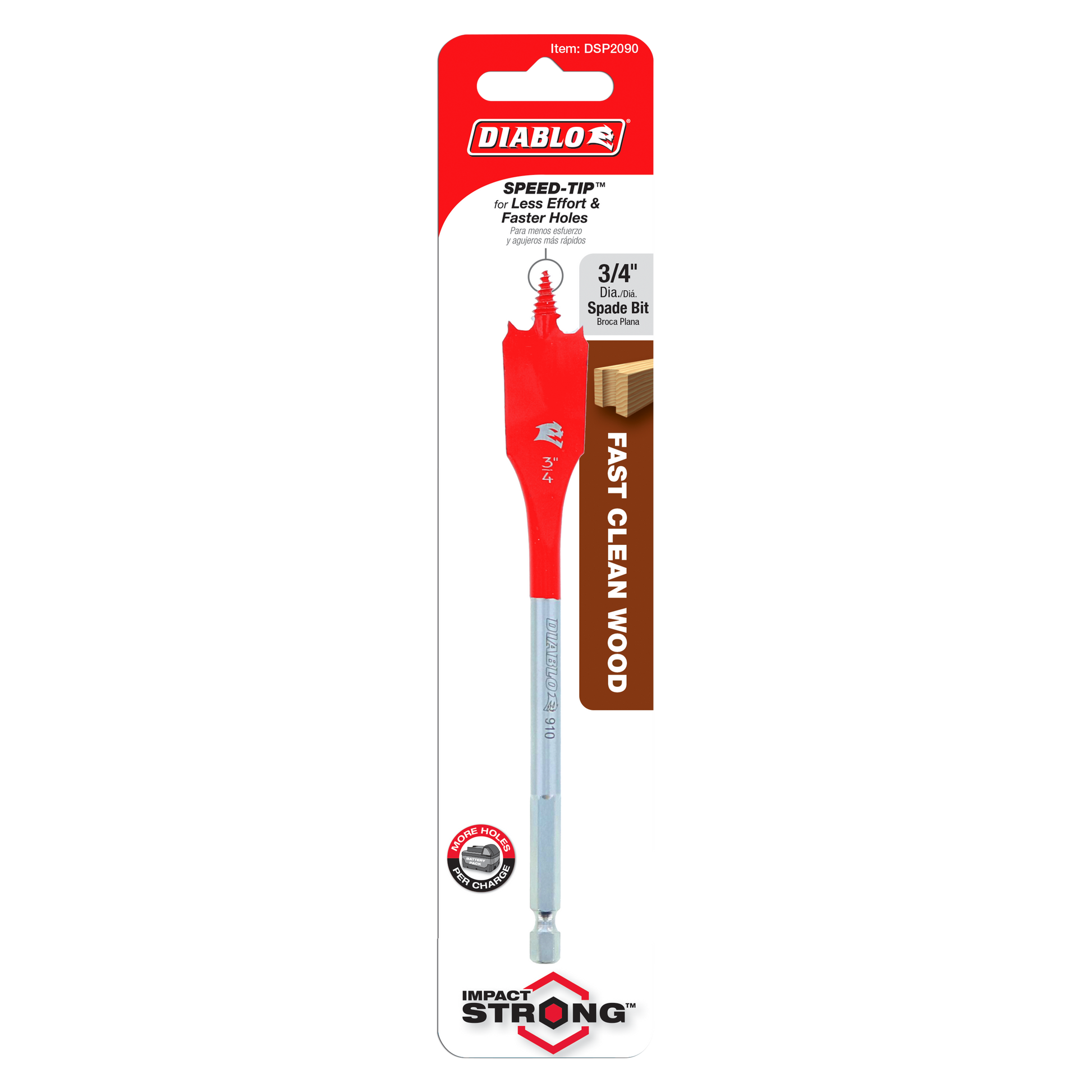Red and gray Diablo spade bit with 3/4 inch diameter head and gray metal shaft in retail packaging.