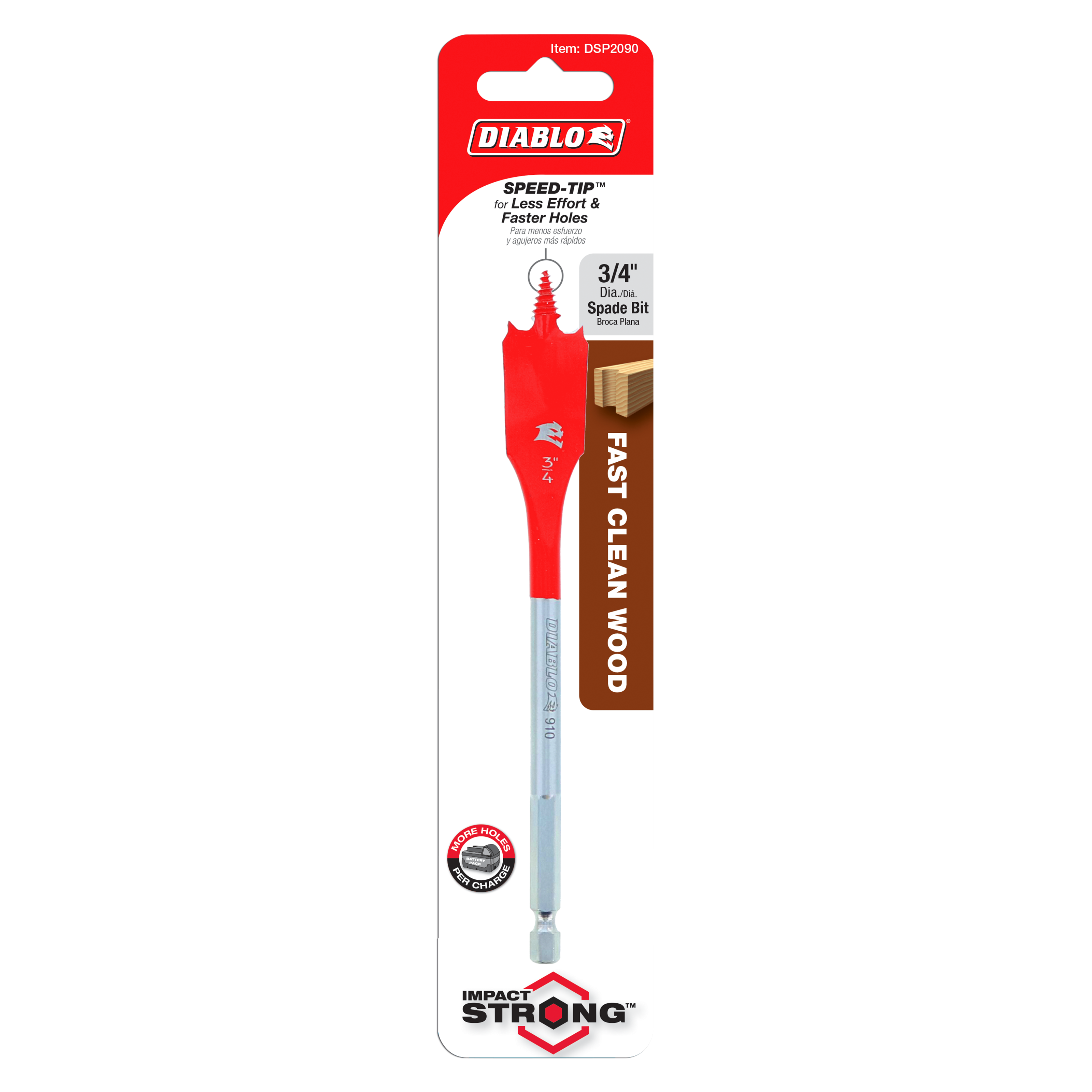 Red and gray Diablo spade bit with 3/4 inch diameter head and gray metal shaft in retail packaging.