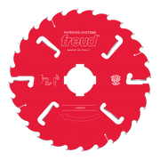 Red circular saw blade with white teeth, center hole, and Freud branding on red body.