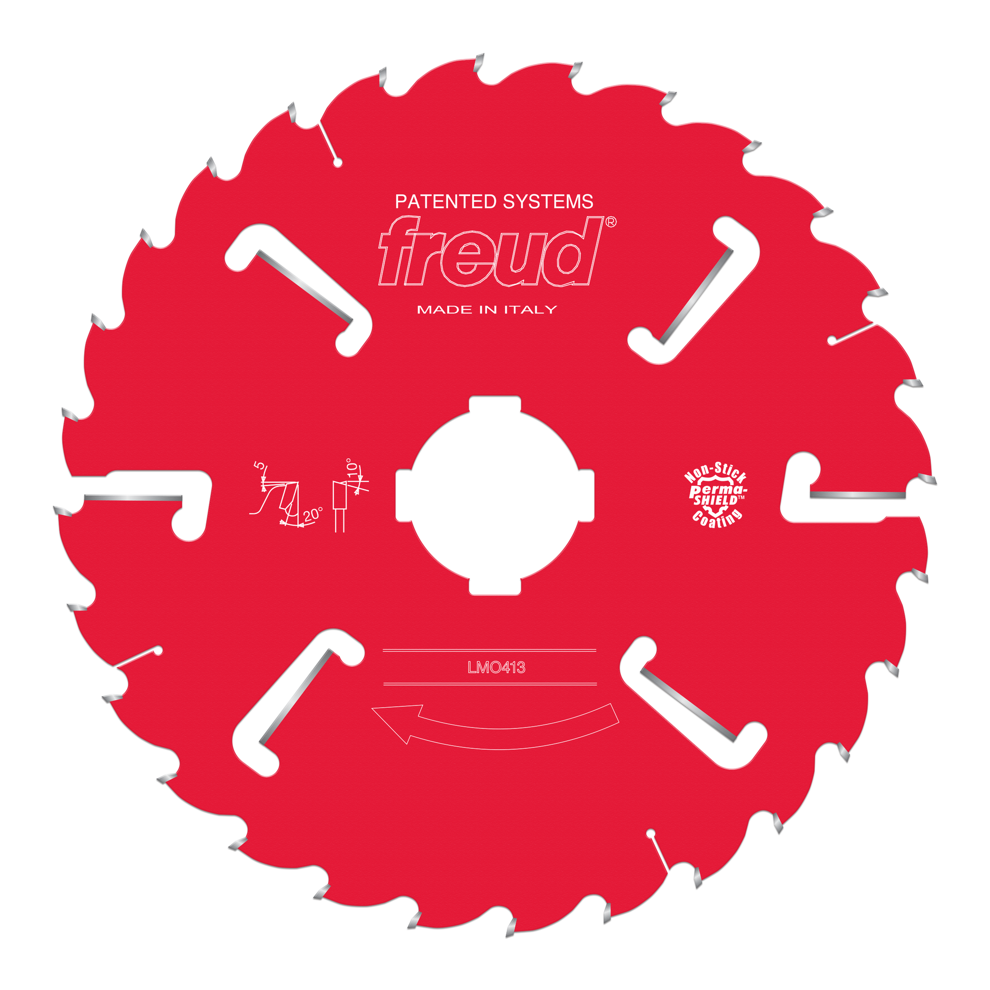 Red circular saw blade with white teeth, center hole, and Freud branding on red body.