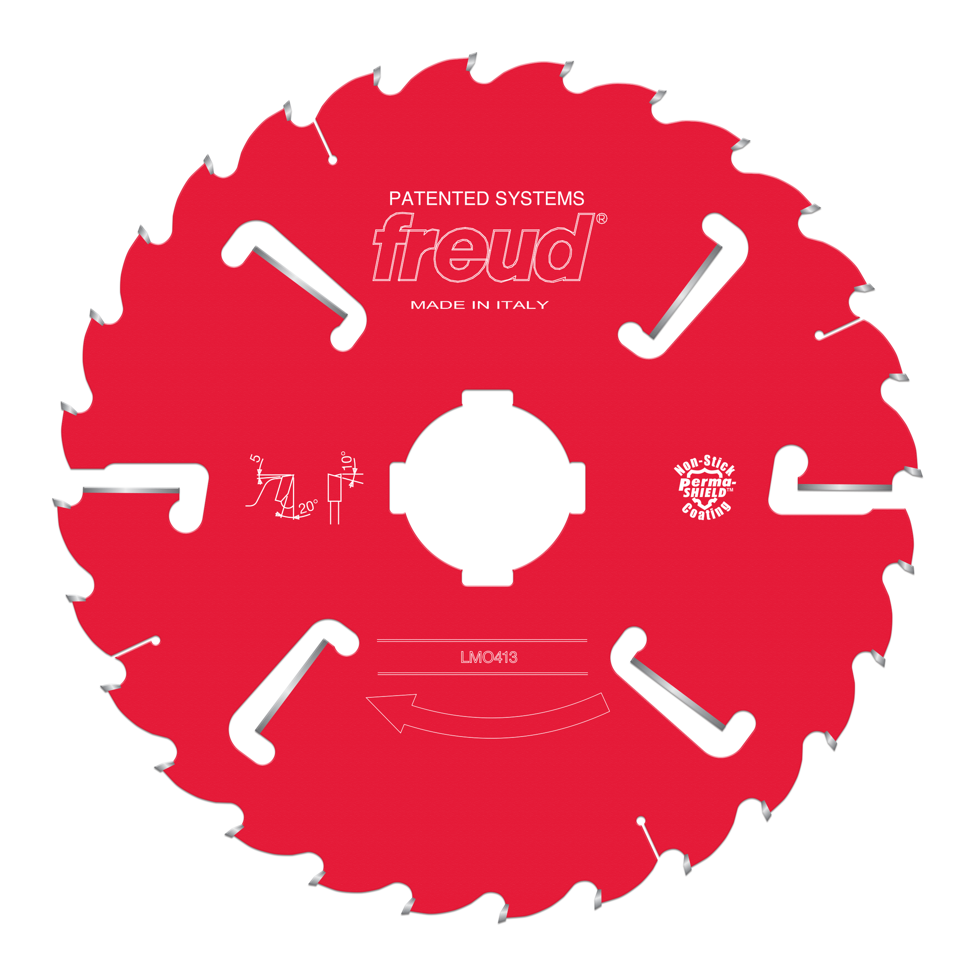 Red circular saw blade with white teeth, center hole, and Freud branding on red body.