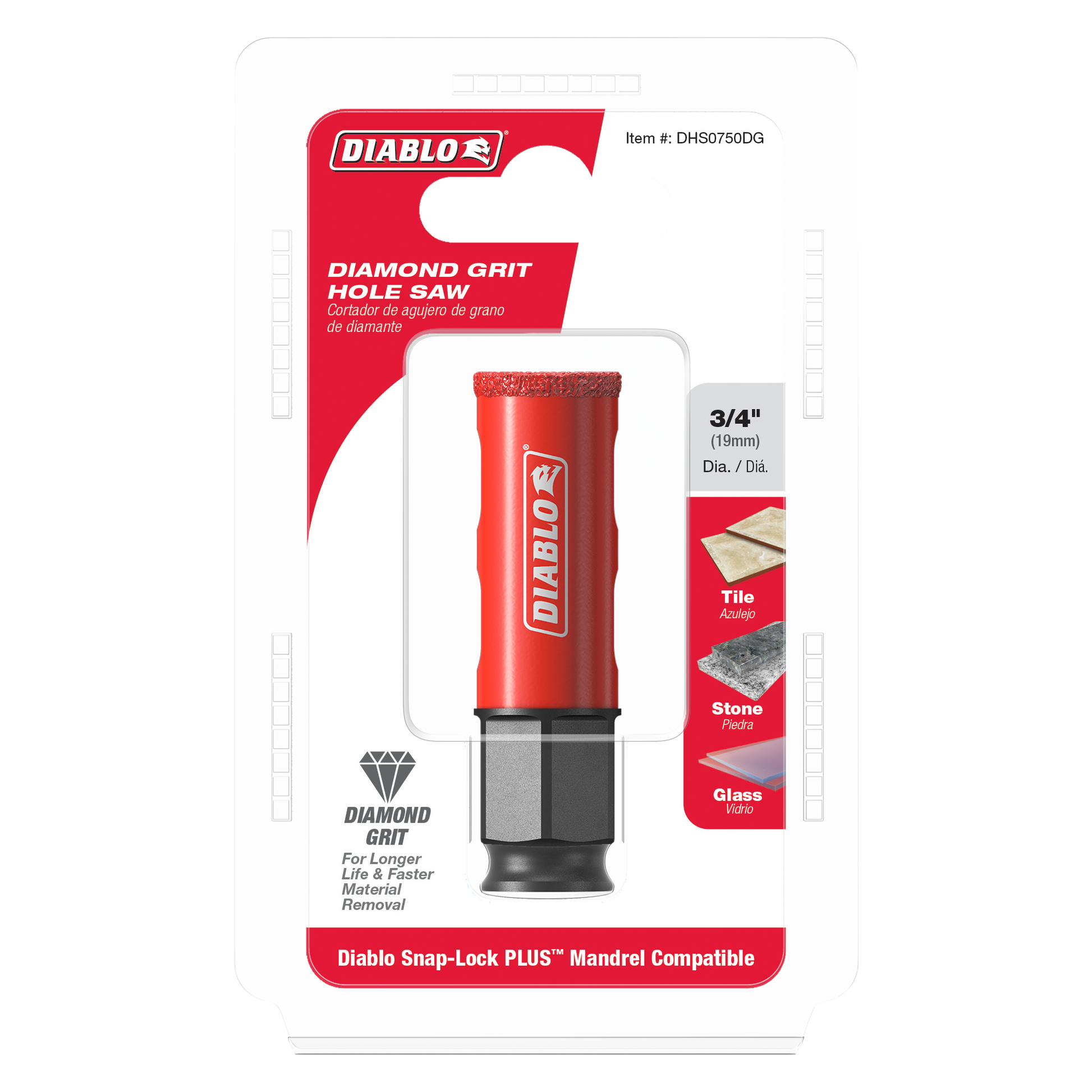 Red and black 3/4 inch diamond grit hole saw with Diablo branding, displayed in product packaging showing tile, stone, and gl