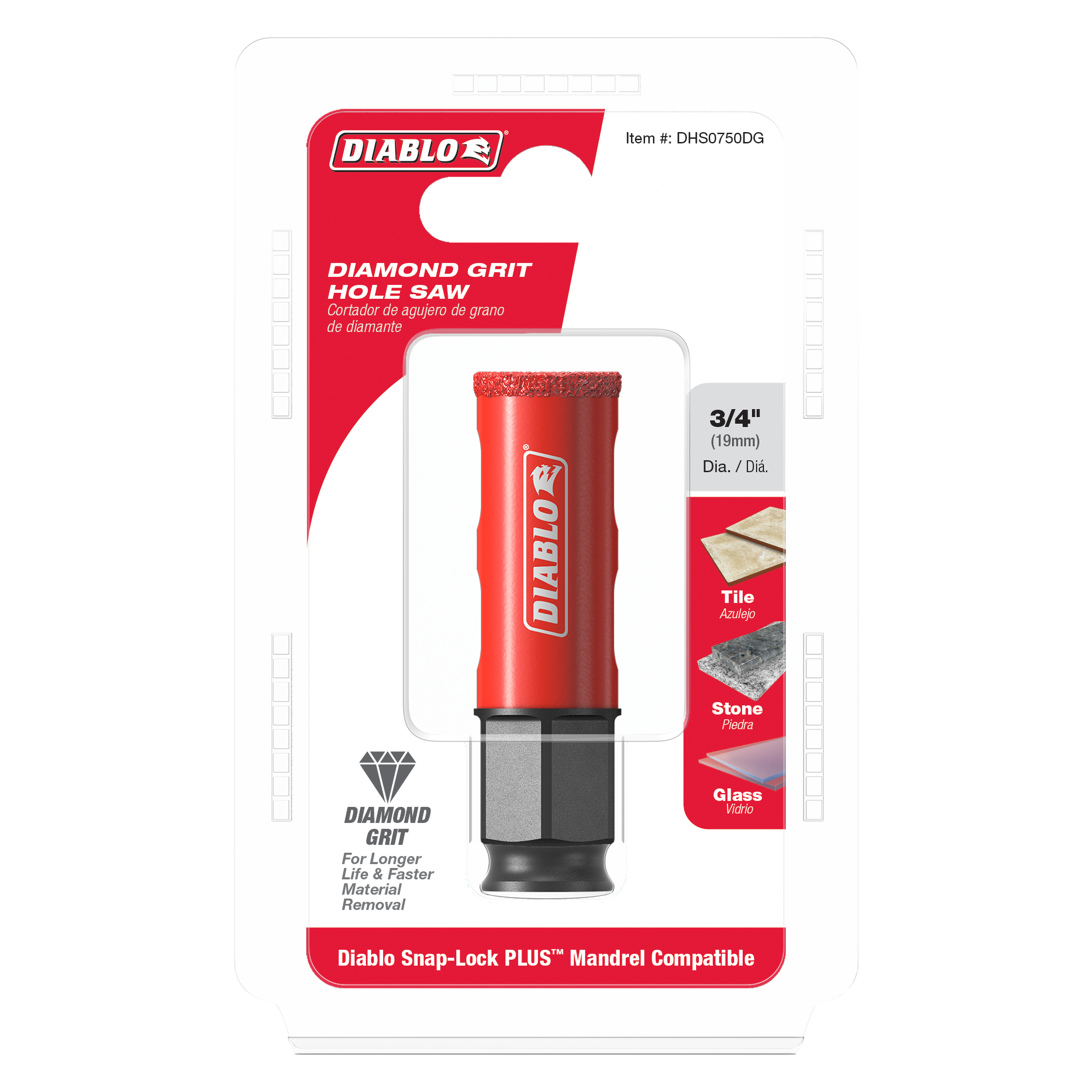 Red and black 3/4 inch diamond grit hole saw with Diablo branding, displayed in product packaging showing tile, stone, and gl
