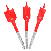 Three red spade bits with gray metal shanks in 1 inch, 3/4 inch, and 5/8 inch sizes.