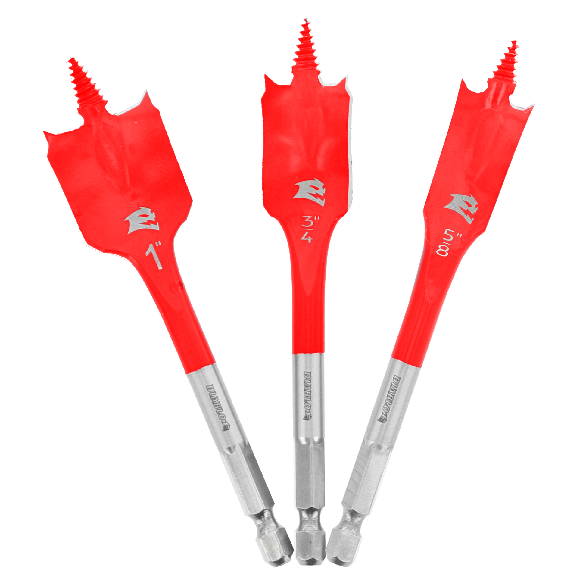 Three red spade bits with gray metal shanks in 1 inch, 3/4 inch, and 5/8 inch sizes.