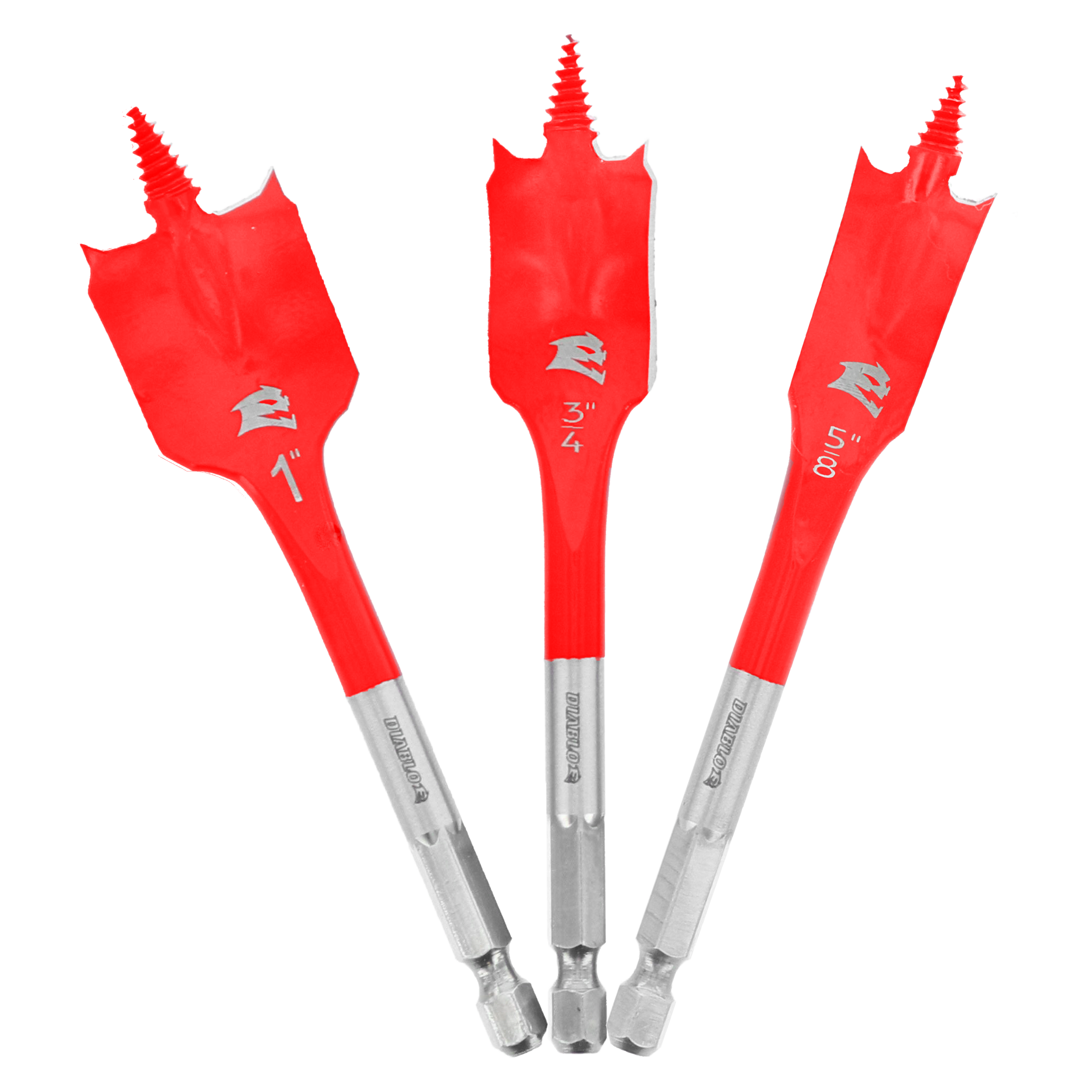 Three red spade bits with gray metal shanks in 1 inch, 3/4 inch, and 5/8 inch sizes.