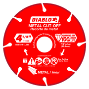 Red circular diamond metal cut-off blade with white Diablo branding, diamond rim, and safety specifications printed on surfac