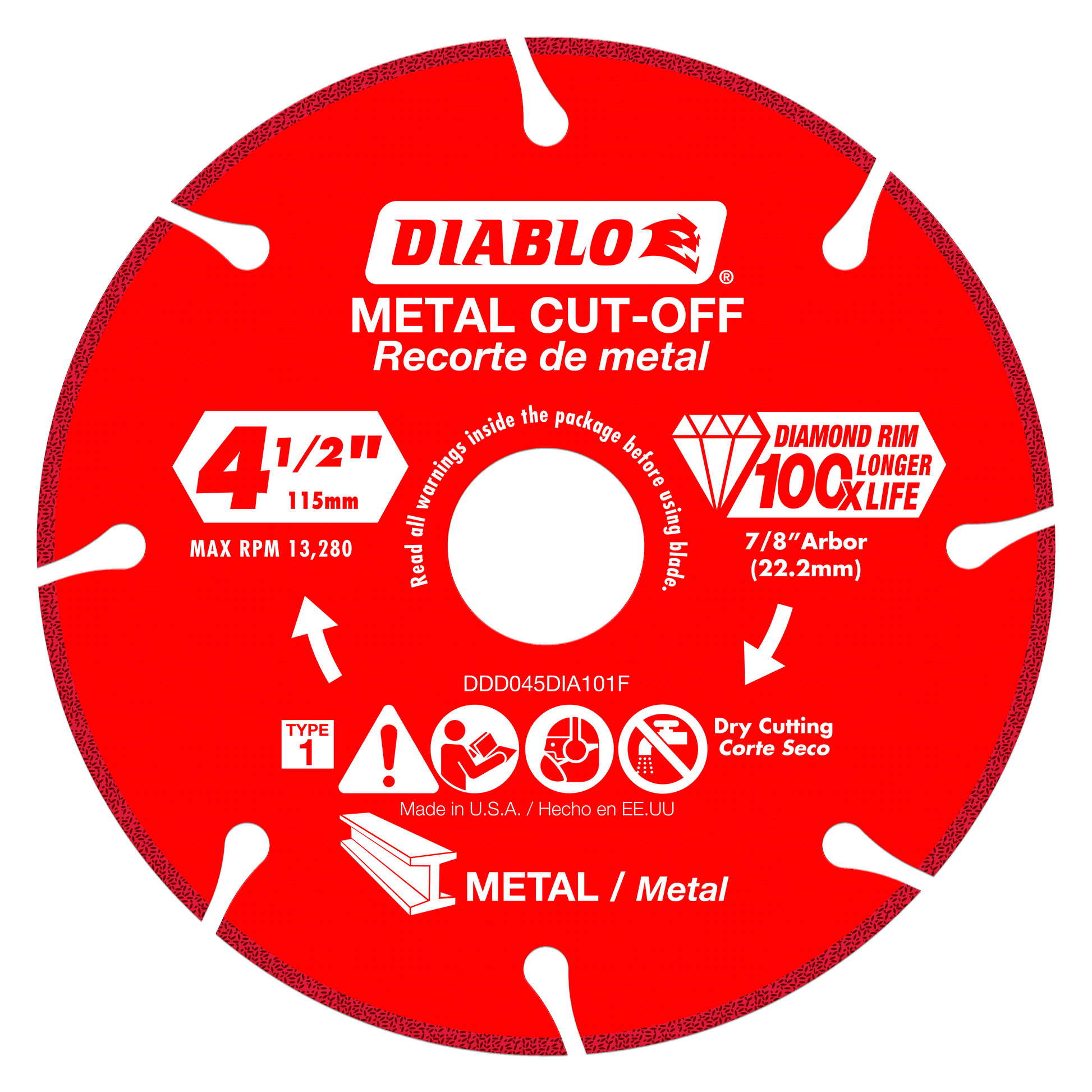 Red circular diamond metal cut-off blade with white Diablo branding, diamond rim, and safety specifications printed on surfac