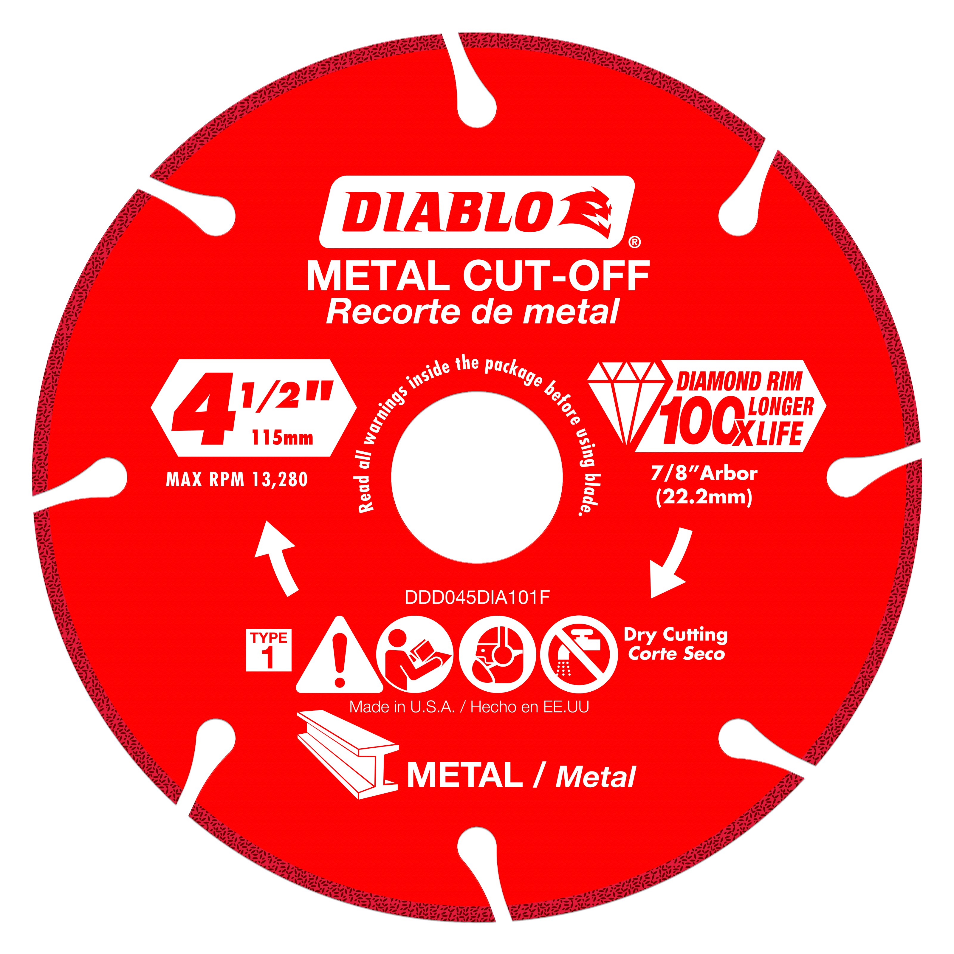 Red circular diamond metal cut-off blade with white Diablo branding, diamond rim, and safety specifications printed on surfac