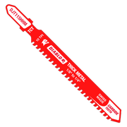 Red Diablo T-shank jig saw blade with white teeth and text labels indicating 10 TPI, carbide teeth, and thick metal cutting c