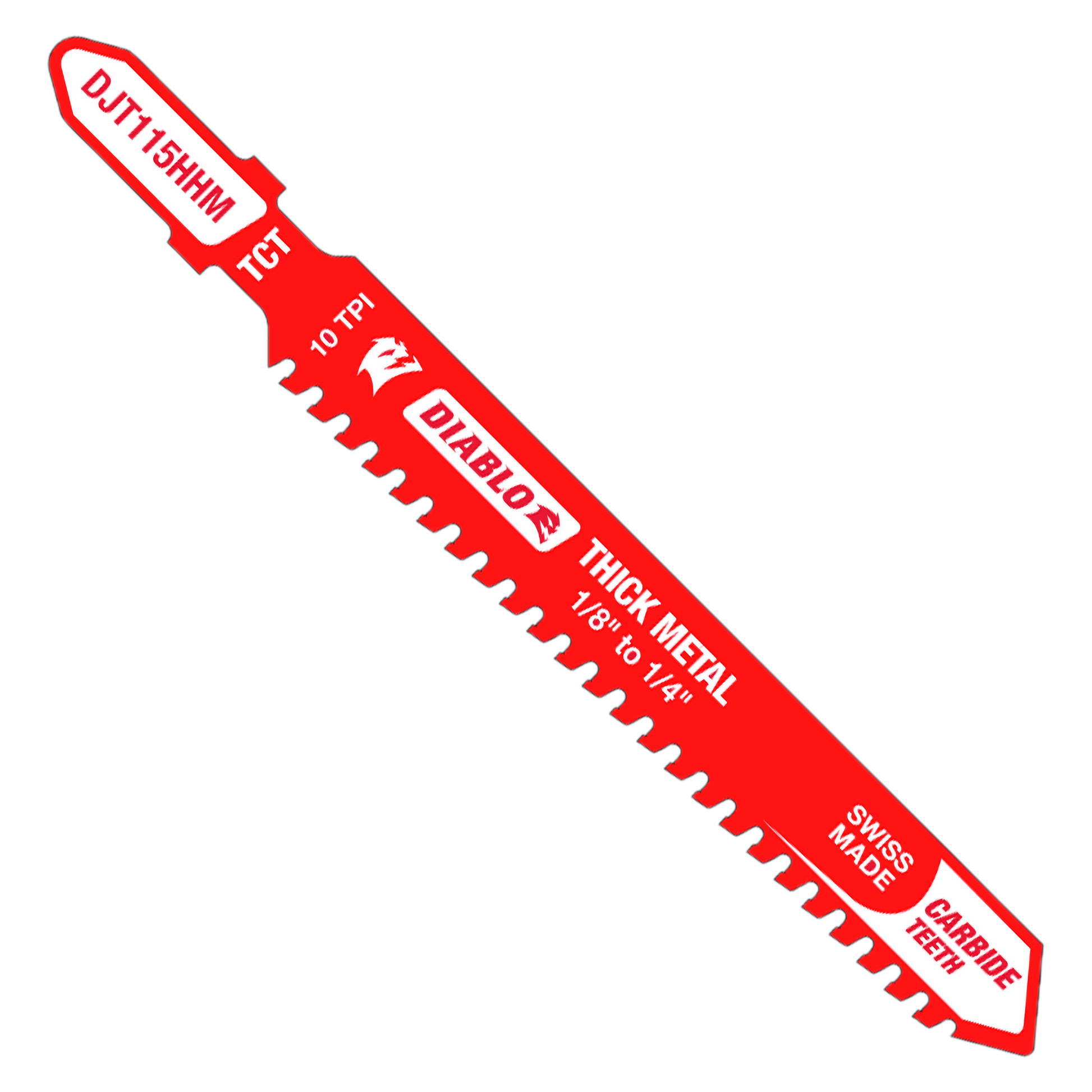 Red Diablo T-shank jig saw blade with white teeth and text labels indicating 10 TPI, carbide teeth, and thick metal cutting c