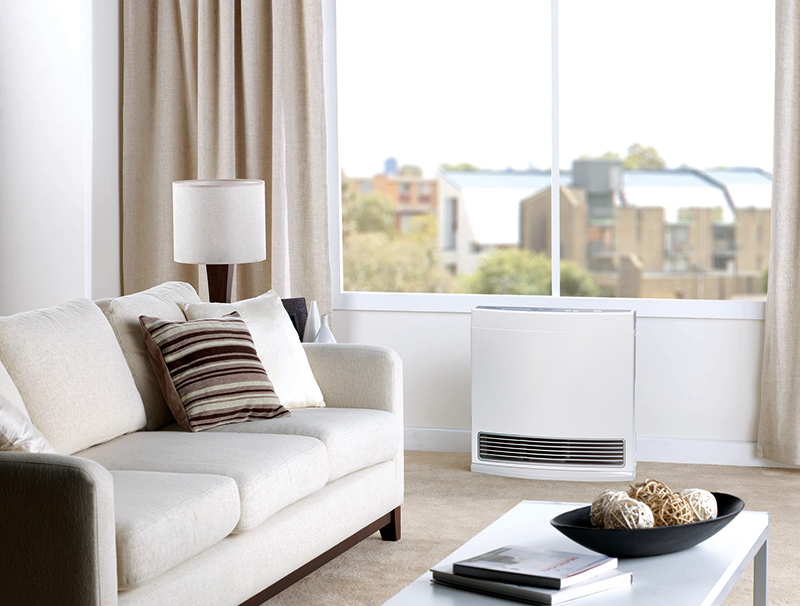 White rectangular Rinnai convection heater with vents positioned on floor beside window in living room.