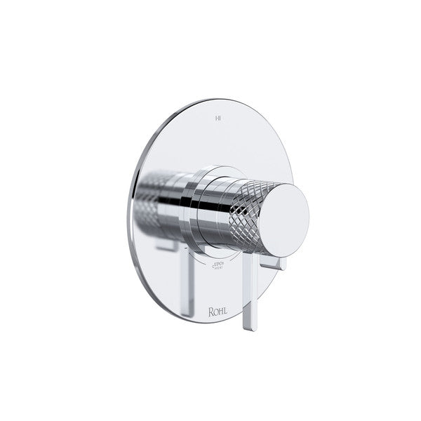 Polished chrome thermostatic and pressure balance shower trim with round backplate, cylindrical handle, and textured grip sur