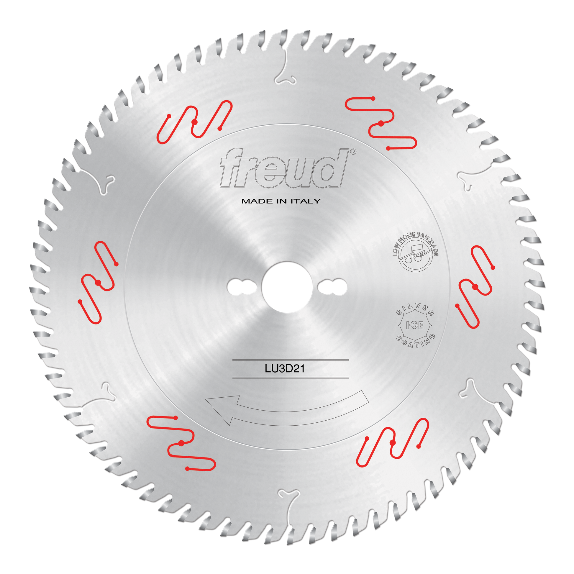 Circular saw blade with silver finish, multiple teeth around perimeter, center arbor hole, and red and white markings on face