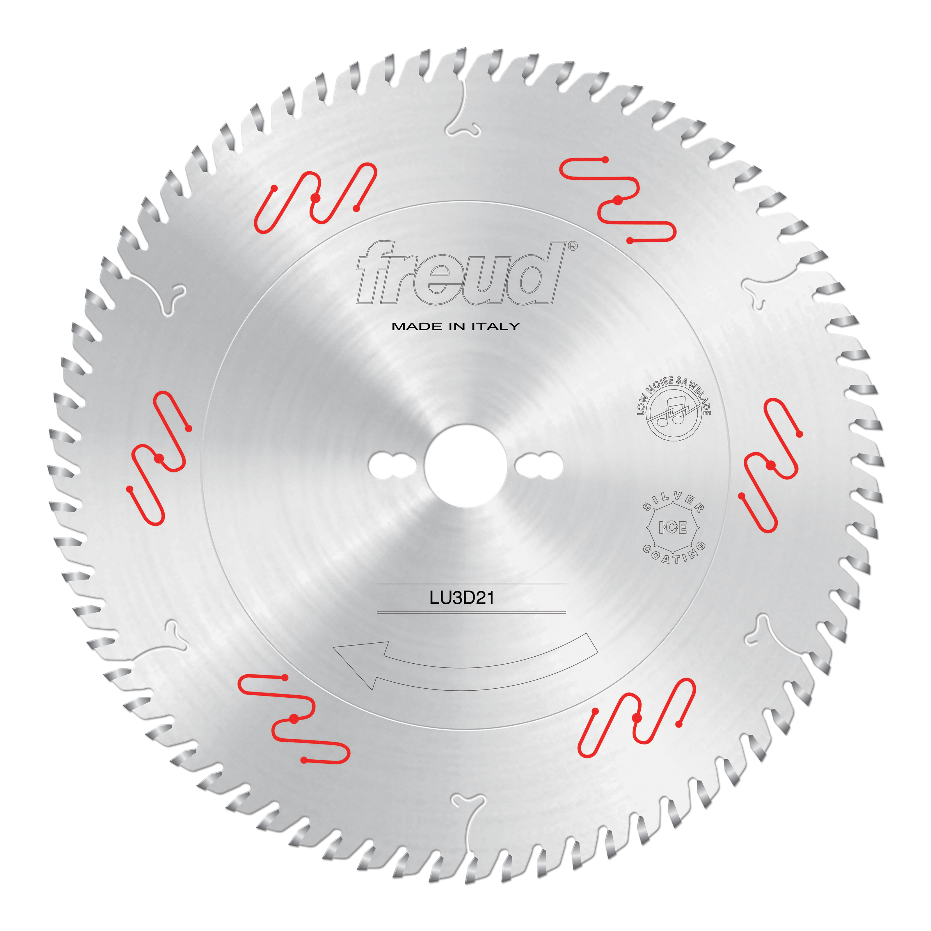 Circular saw blade with silver finish, multiple teeth around perimeter, center arbor hole, and red and white markings on face