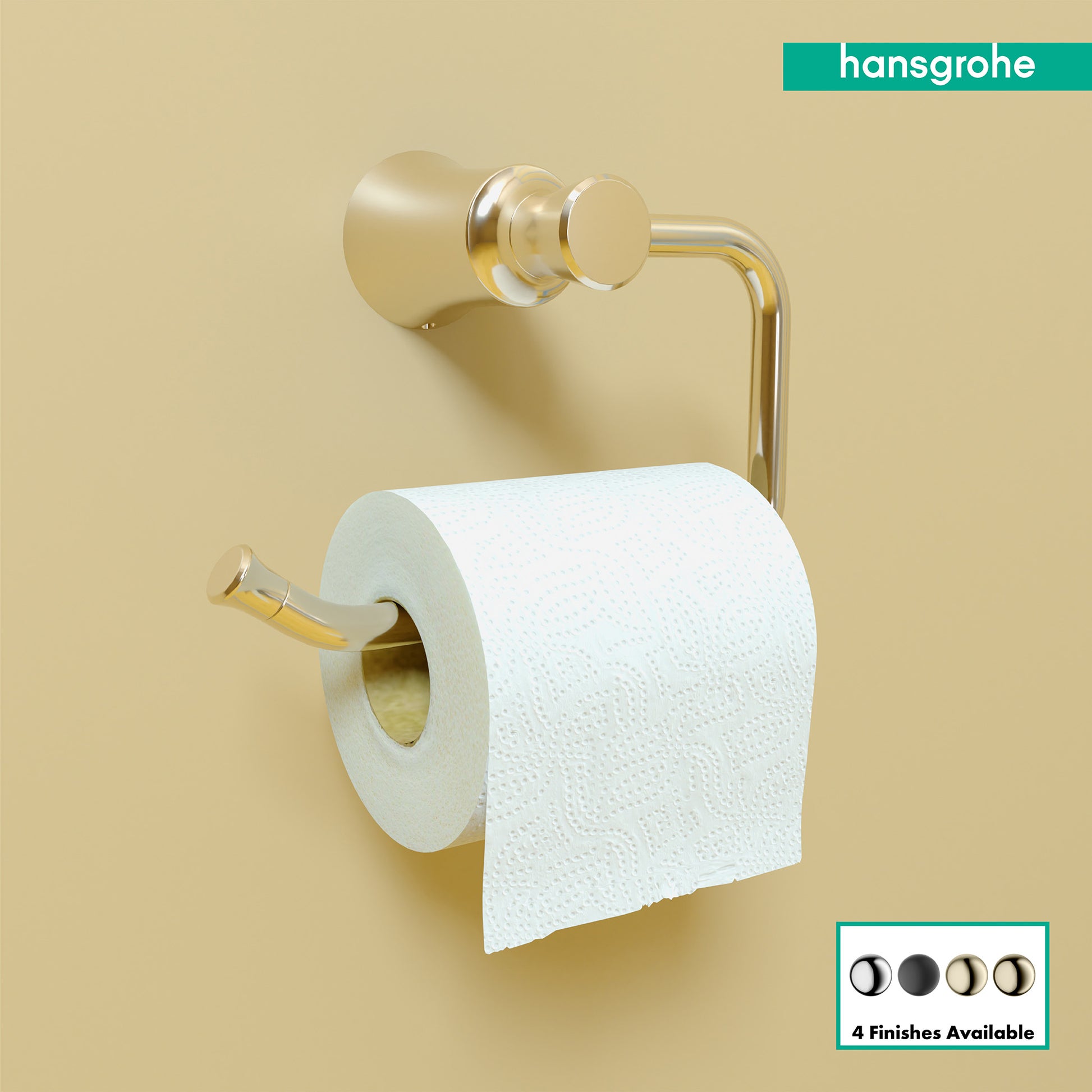 Polished nickel toilet paper holder with curved arm and cylindrical backplate, displayed with white roll mounted.