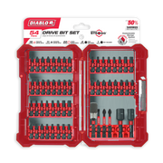 Red Diablo 54-piece drive bit set in open case showing Phillips, square, torx, and nut driver bits organized in rows.