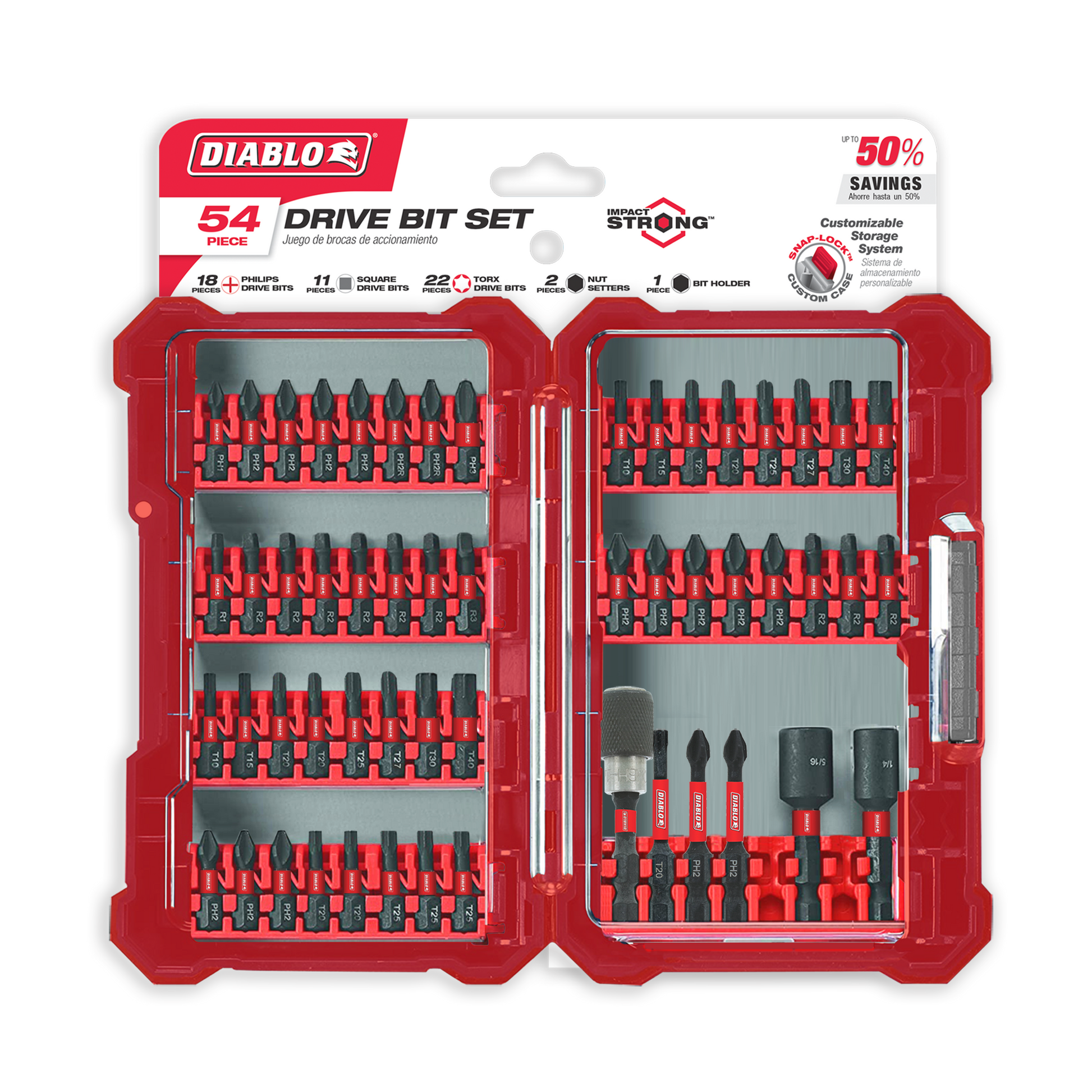 Red Diablo 54-piece drive bit set in open case showing Phillips, square, torx, and nut driver bits organized in rows.