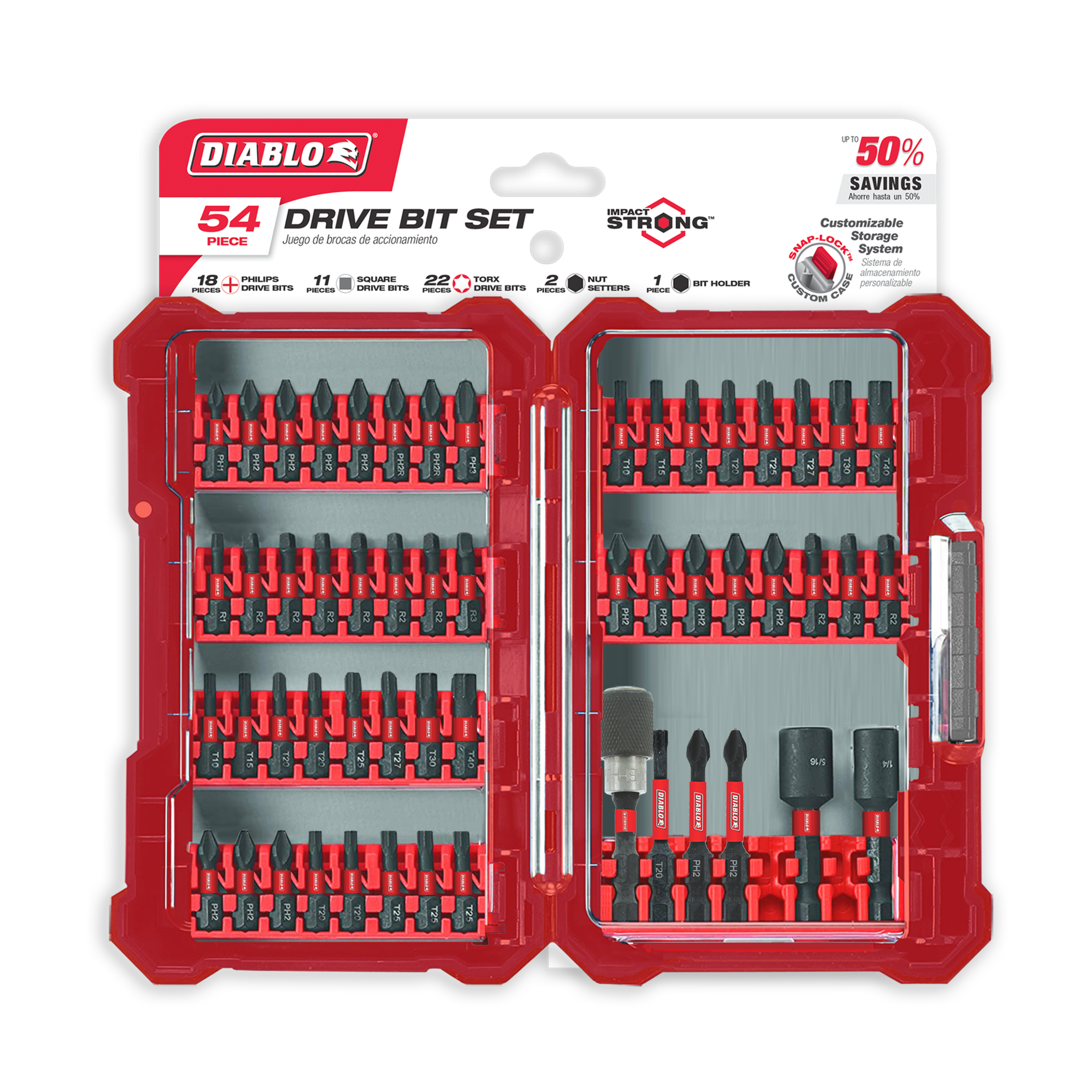 Red Diablo 54-piece drive bit set in open case showing Phillips, square, torx, and nut driver bits organized in rows.