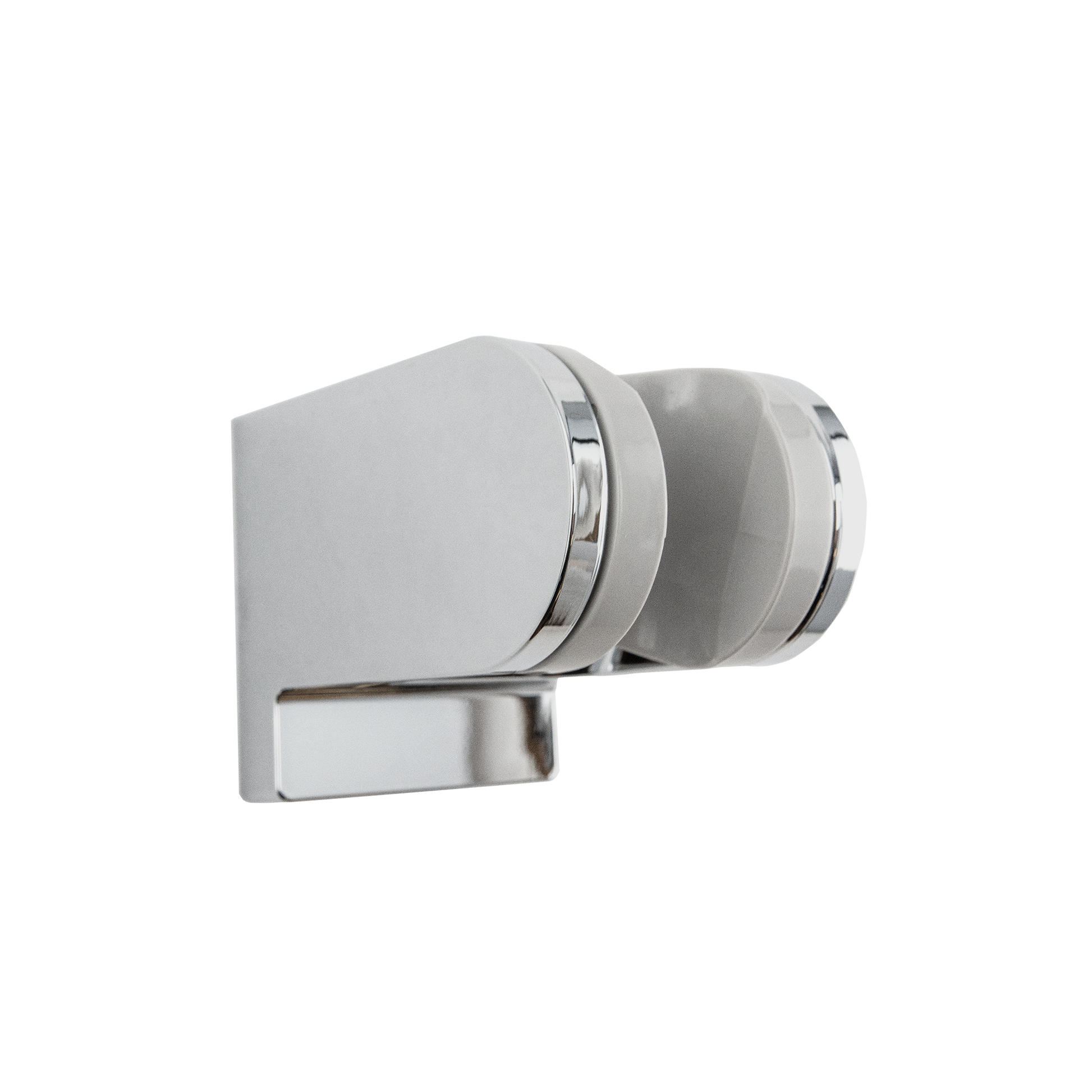 Polished chrome wall mount bracket with adjustable ball joint for handheld showerhead attachment.