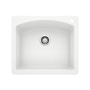 White single-bowl drop-in kitchen sink with rounded corners and chrome drain strainer.