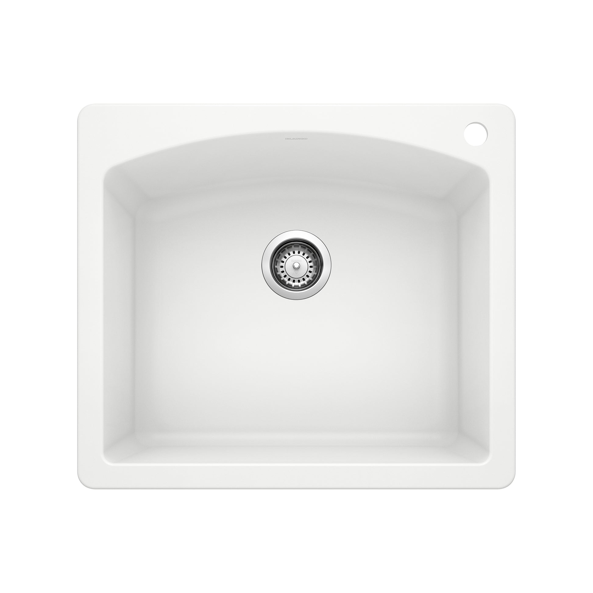 White single-bowl drop-in kitchen sink with rounded corners and chrome drain strainer.