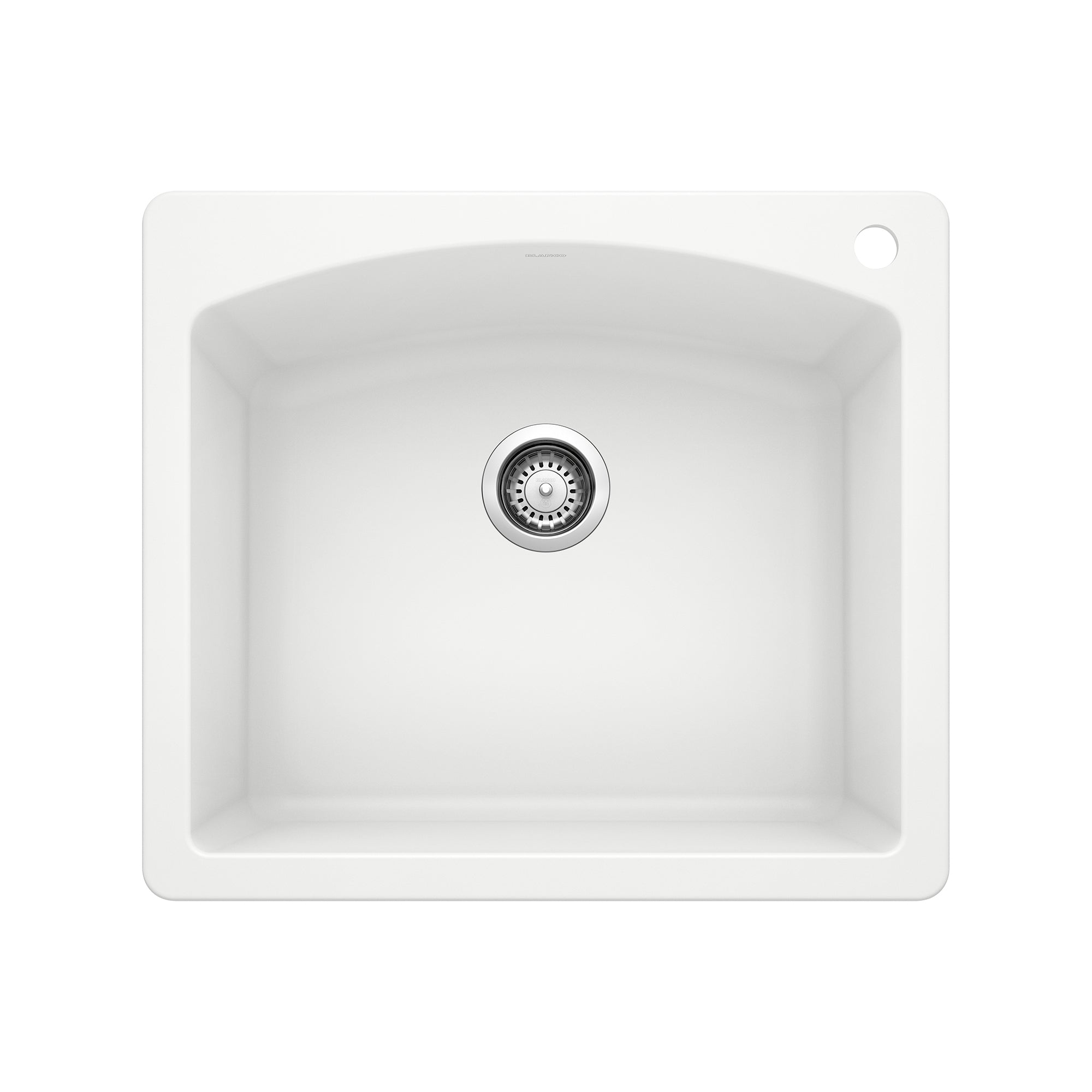 White single-bowl drop-in kitchen sink with rounded corners and chrome drain strainer.