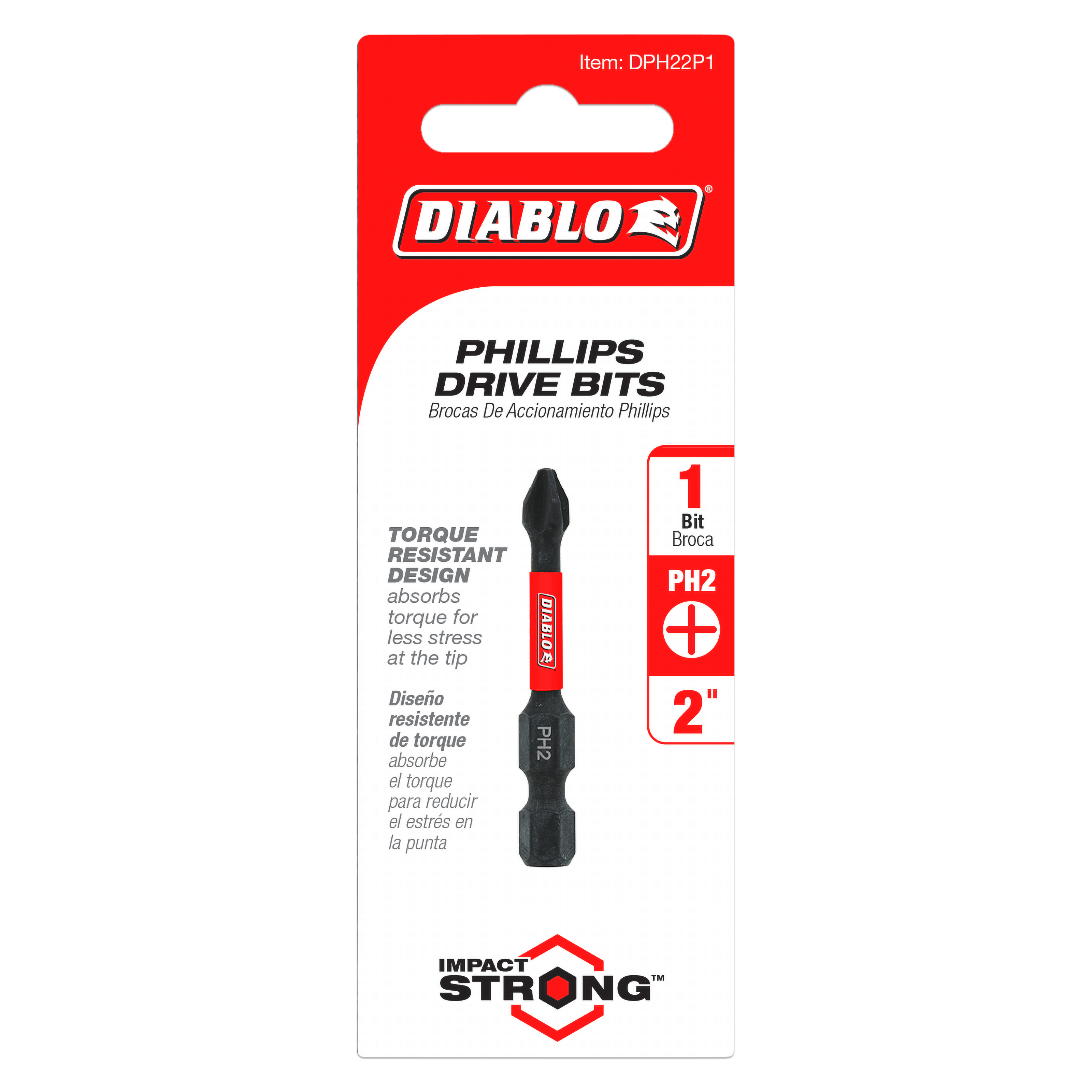 Diablo #2 Phillips drive bit, 2 inches long, with red and black handle on retail packaging.