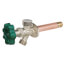 Brass wall-mounted faucet with green quarter-turn handle and copper inlet connection.
