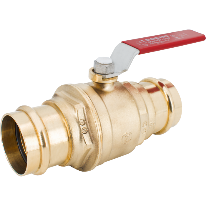 Brass ball valve with press-fit connections, red lever handle, and 1-inch port size.