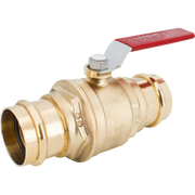 Brass ball valve with red lever handle and two press-fit connection ends.