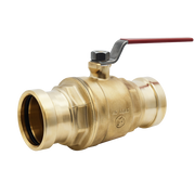 Brass ball valve with press-fit connections on both ends and a red lever handle for operation.