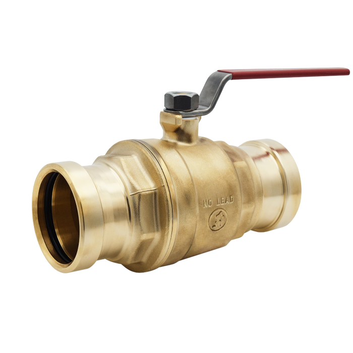 Brass ball valve with press-fit connections on both ends and a red lever handle for operation.