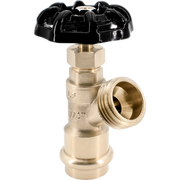Brass boiler drain valve with black multi-turn handwheel and side outlet port.