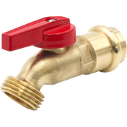 Brass hose bibb with red lever handle and male threaded outlet.