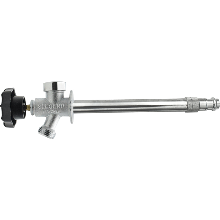 Chrome frostfree valve with 1/2" connection, 12" stem, black handle wheel, and drain outlet.