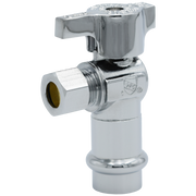 Chrome angle stop valve with 1/2" press inlet, 1/4" OD outlet, and lever handle.