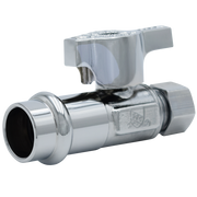 Polished chrome brass straight stop valve with 1/2" press connection, 1/4" OD outlet, and gray handle.