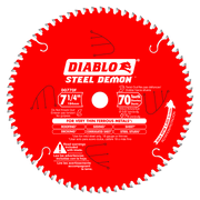 Red circular saw blade with 70 carbide-tipped teeth, white center hole, and Diablo Steel Demon branding for cutting thin ferr