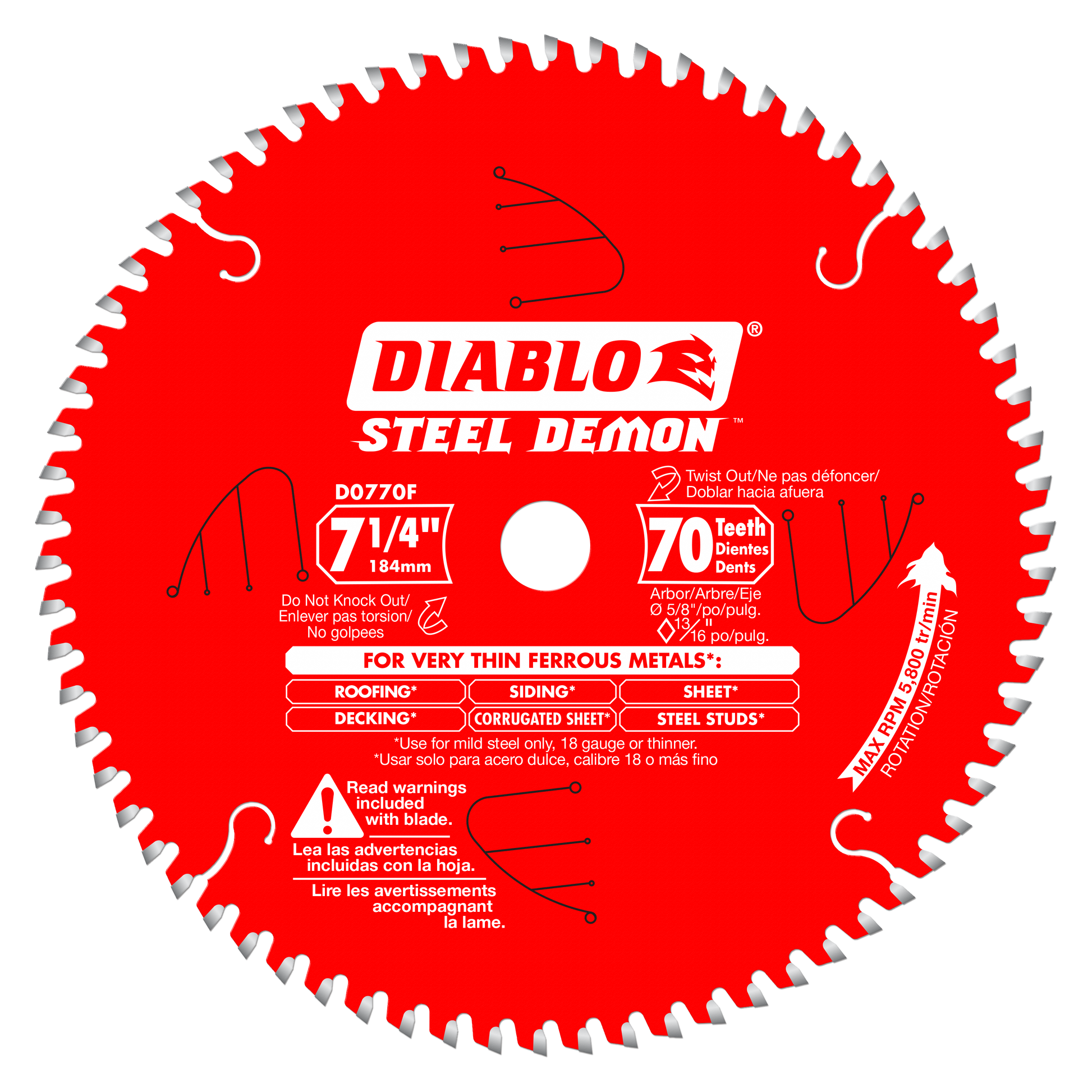 Red circular saw blade with 70 carbide-tipped teeth, white center hole, and Diablo Steel Demon branding for cutting thin ferr