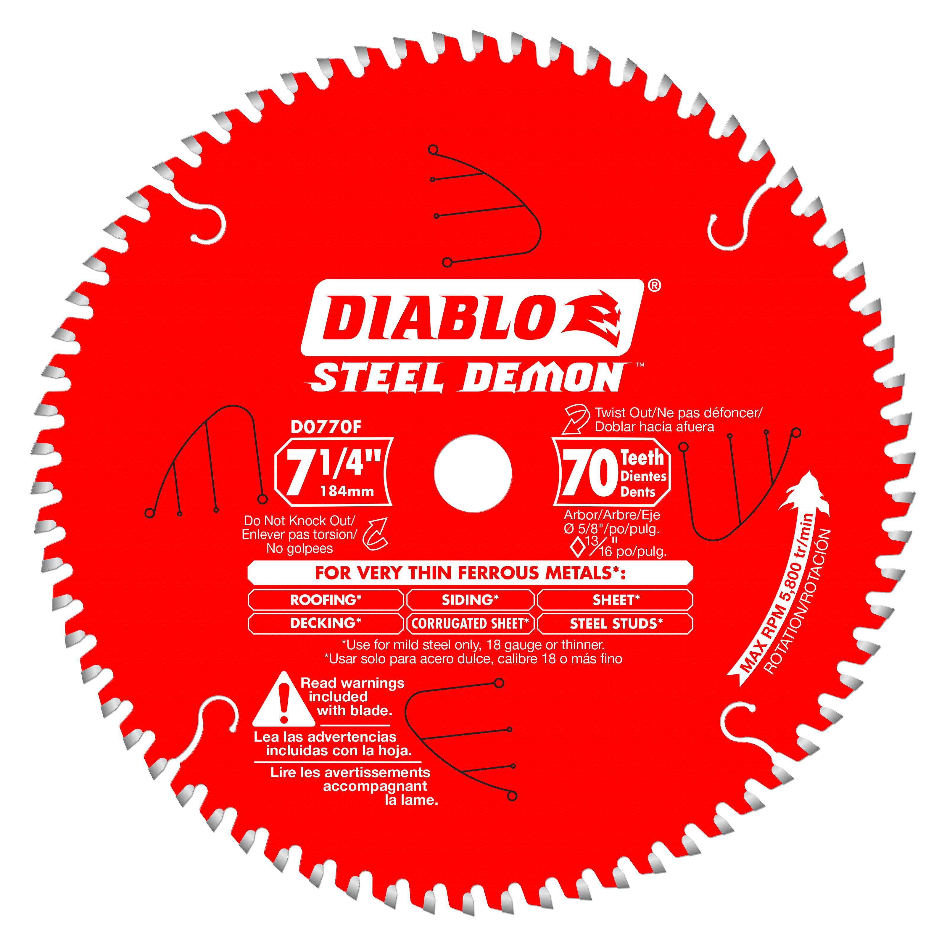 Red circular saw blade with 70 carbide-tipped teeth, white center hole, and Diablo Steel Demon branding for cutting thin ferr
