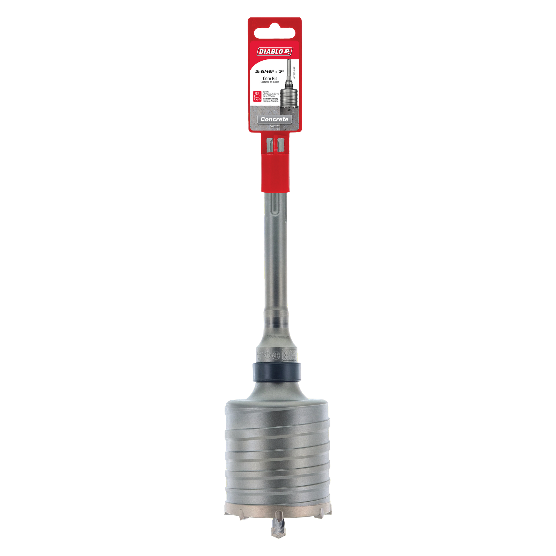 Diablo SDS-Max carbide tipped core bit with red grip handle and gray metal shaft for concrete drilling.