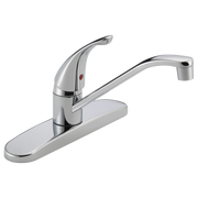 Chrome single-handle kitchen faucet with curved spout and wide base deck plate.