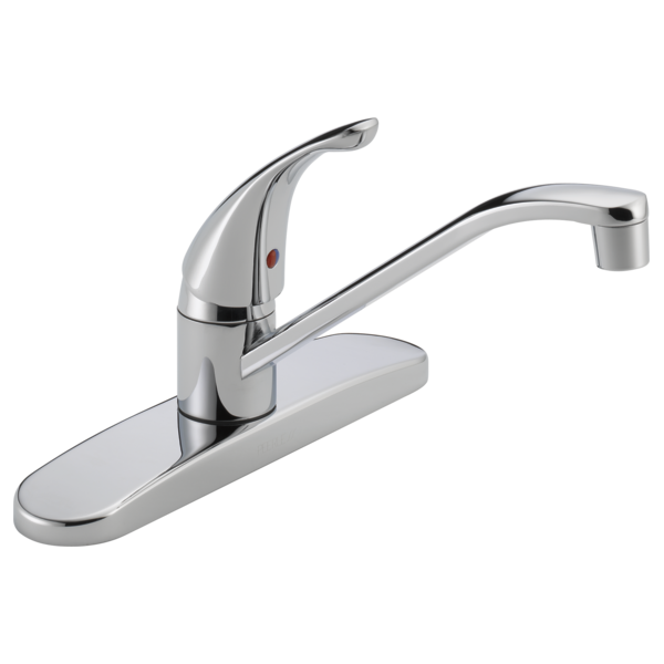 Chrome single-handle kitchen faucet with curved spout and wide base deck plate.