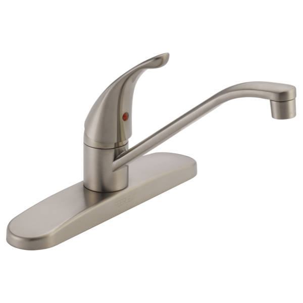 Stainless steel single-handle kitchen faucet with curved spout and wide base deck plate.