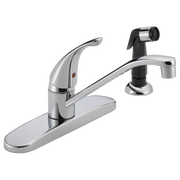 Chrome single-handle kitchen faucet with curved spout and detachable black side spray attachment.